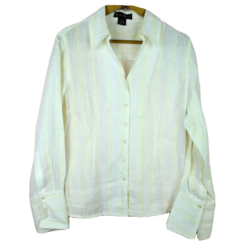 Mercer & Madison Women White and Yellow 100% Linen Button Shirt Long Sleeve Sz L